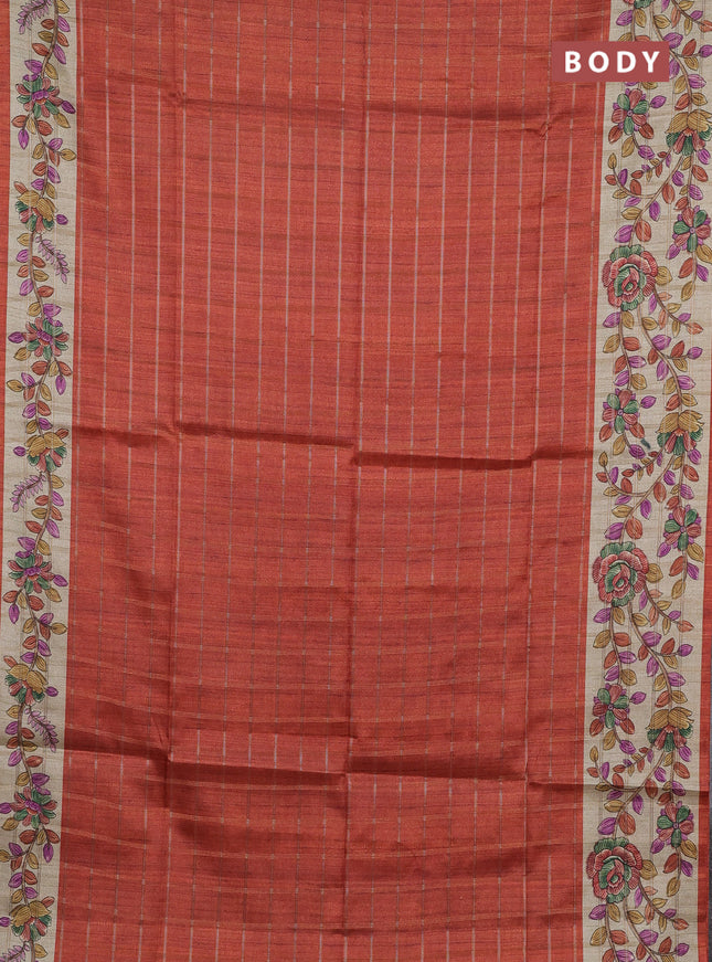 Semi tussar saree rustic orange and beige with allover zari checked pattern and kalamkari printed pallu