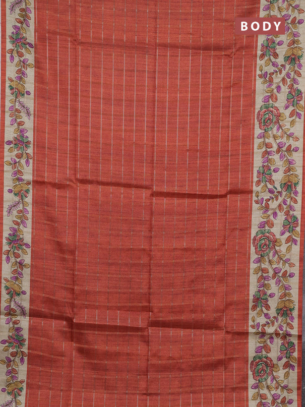 Semi tussar saree rustic orange and beige with allover zari checked pattern and kalamkari printed pallu