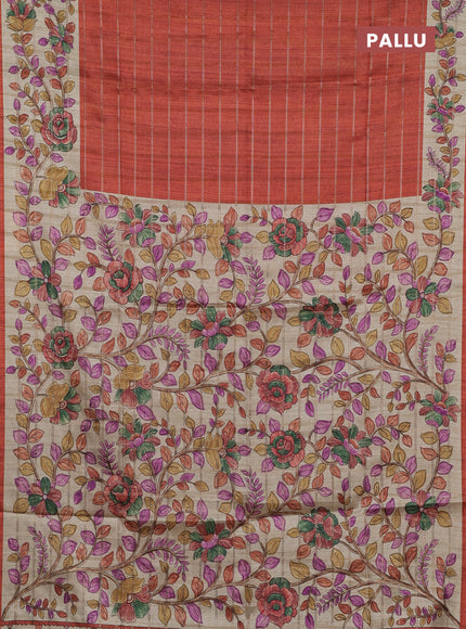 Semi tussar saree rustic orange and beige with allover zari checked pattern and kalamkari printed pallu