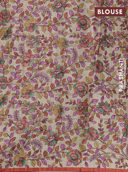 Semi tussar saree rustic orange and beige with allover zari checked pattern and kalamkari printed pallu