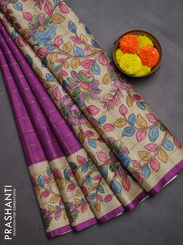 Semi tussar saree purple and beige with allover zari checked pattern and kalamkari printed pallu