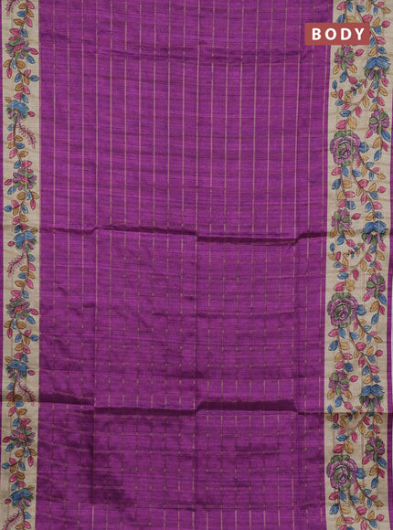 Semi tussar saree purple and beige with allover zari checked pattern and kalamkari printed pallu