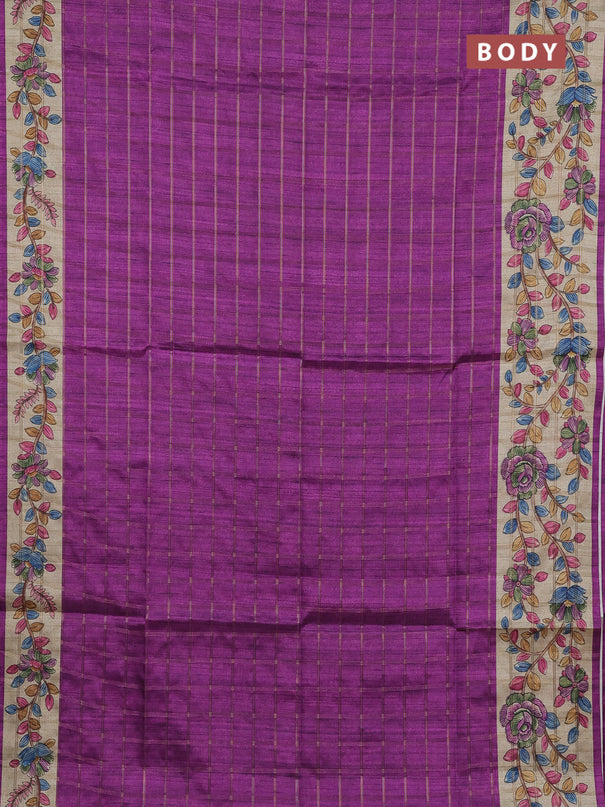 Semi tussar saree purple and beige with allover zari checked pattern and kalamkari printed pallu