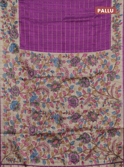 Semi tussar saree purple and beige with allover zari checked pattern and kalamkari printed pallu