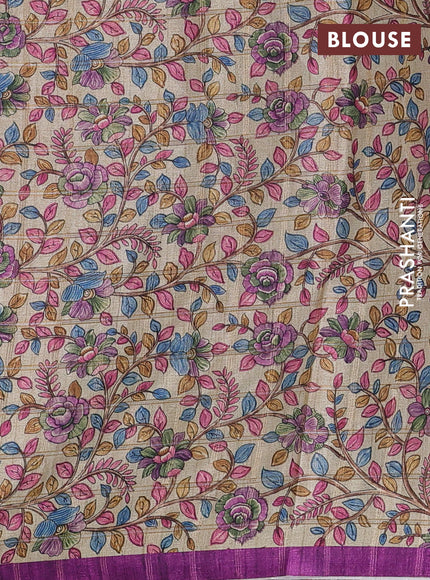 Semi tussar saree purple and beige with allover zari checked pattern and kalamkari printed pallu