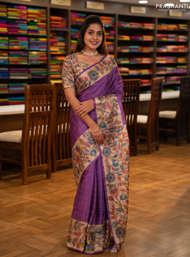 Semi tussar saree purple and beige with allover zari checked pattern and kalamkari printed pallu