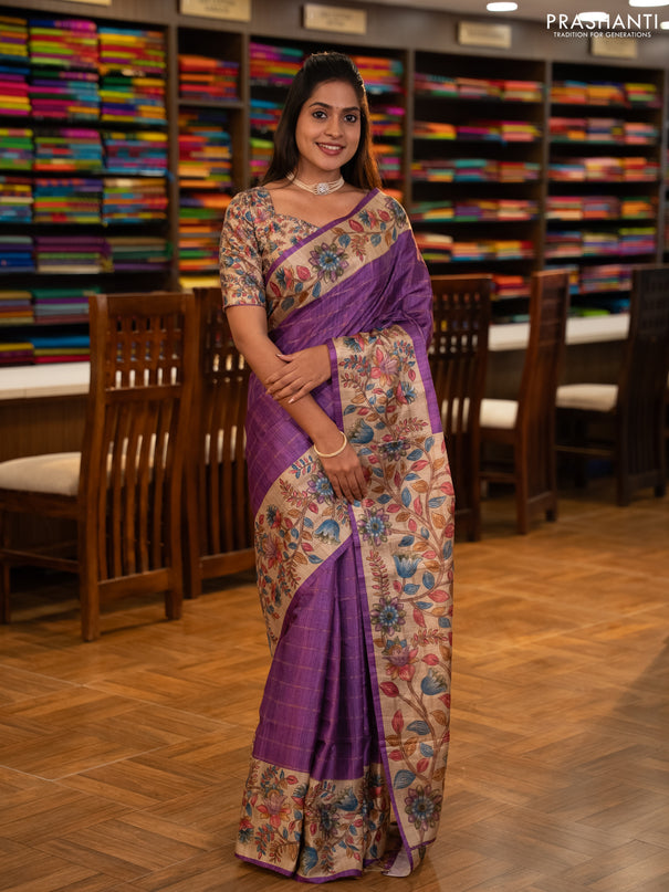Semi tussar saree purple and beige with allover zari checked pattern and kalamkari printed pallu