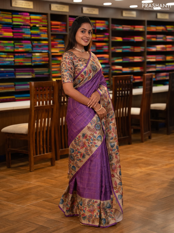 Semi tussar saree purple and beige with allover zari checked pattern and kalamkari printed pallu