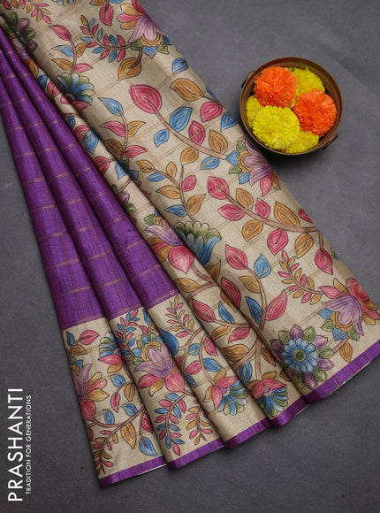 Semi tussar saree purple and beige with allover zari checked pattern and kalamkari printed pallu
