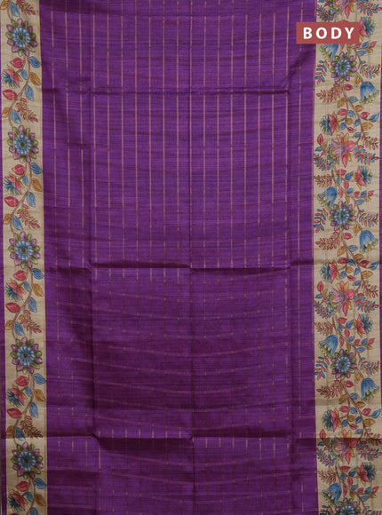 Semi tussar saree purple and beige with allover zari checked pattern and kalamkari printed pallu