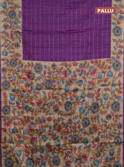 Semi tussar saree purple and beige with allover zari checked pattern and kalamkari printed pallu