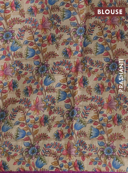 Semi tussar saree purple and beige with allover zari checked pattern and kalamkari printed pallu