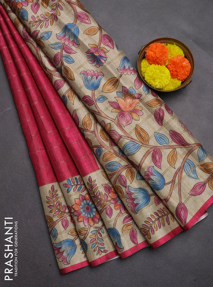 Semi tussar saree pink and beige with allover zari checked pattern and kalamkari printed pallu