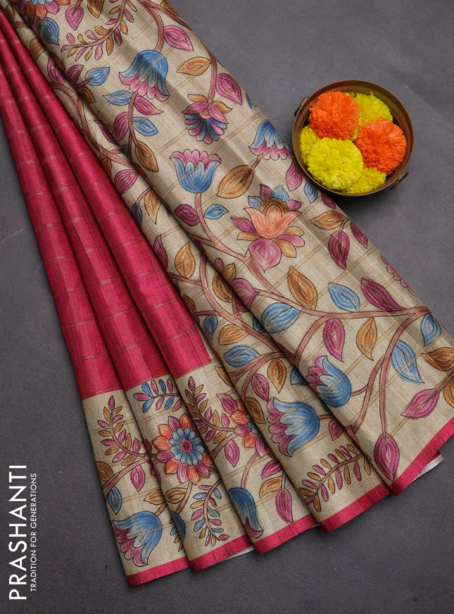 Semi tussar saree pink and beige with allover zari checked pattern and kalamkari printed pallu