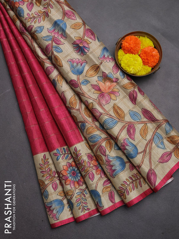 Semi tussar saree pink and beige with allover zari checked pattern and kalamkari printed pallu