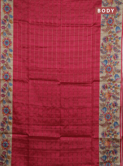 Semi tussar saree pink and beige with allover zari checked pattern and kalamkari printed pallu