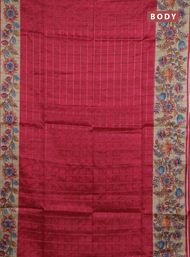 Semi tussar saree pink and beige with allover zari checked pattern and kalamkari printed pallu