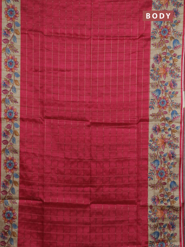 Semi tussar saree pink and beige with allover zari checked pattern and kalamkari printed pallu