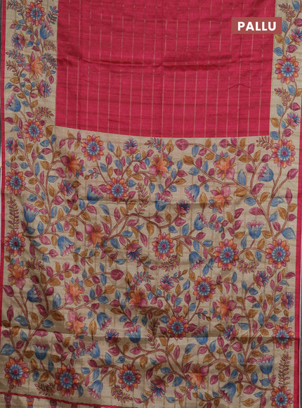Semi tussar saree pink and beige with allover zari checked pattern and kalamkari printed pallu