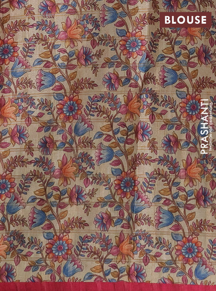 Semi tussar saree pink and beige with allover zari checked pattern and kalamkari printed pallu