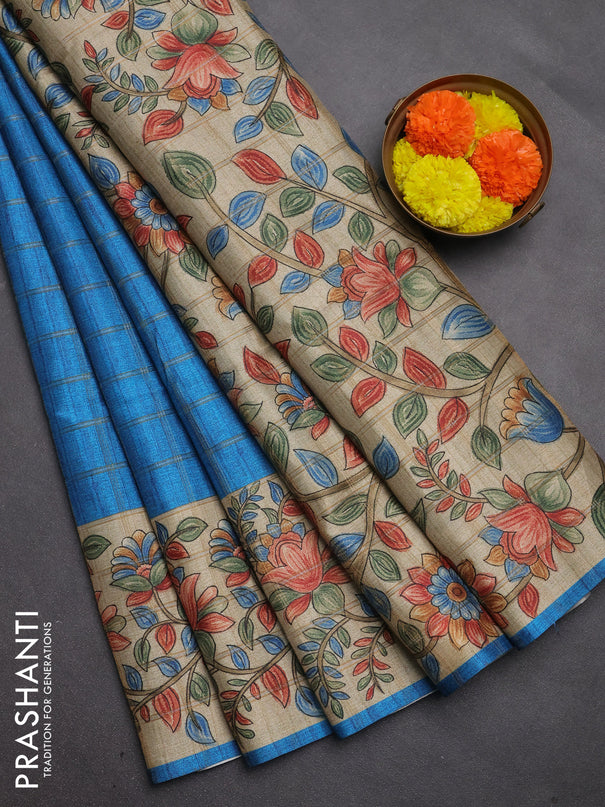 Semi tussar saree cs blue and beige with allover zari checked pattern and kalamkari printed pallu