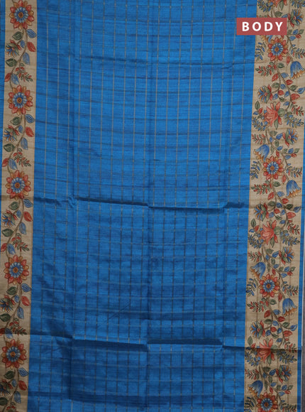 Semi tussar saree cs blue and beige with allover zari checked pattern and kalamkari printed pallu