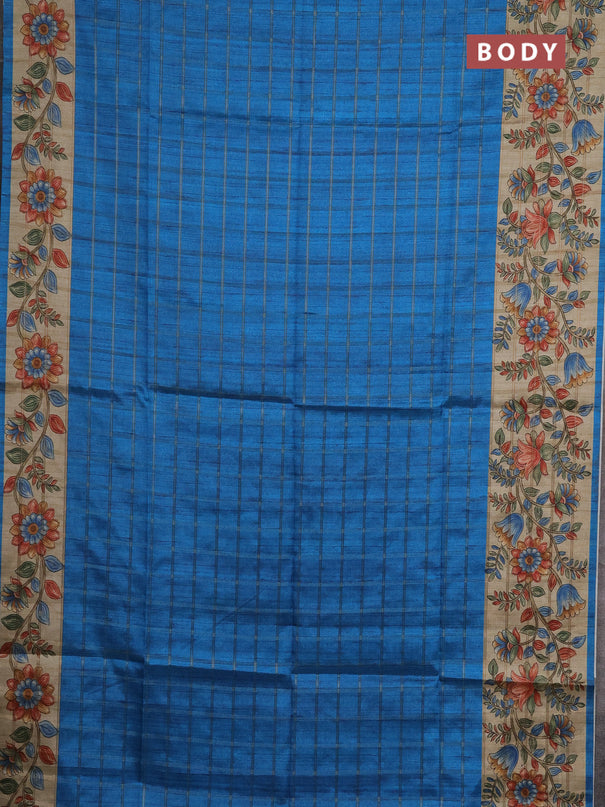 Semi tussar saree cs blue and beige with allover zari checked pattern and kalamkari printed pallu