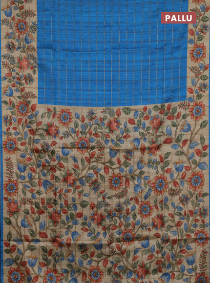 Semi tussar saree cs blue and beige with allover zari checked pattern and kalamkari printed pallu