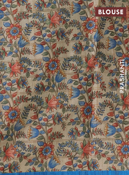 Semi tussar saree cs blue and beige with allover zari checked pattern and kalamkari printed pallu