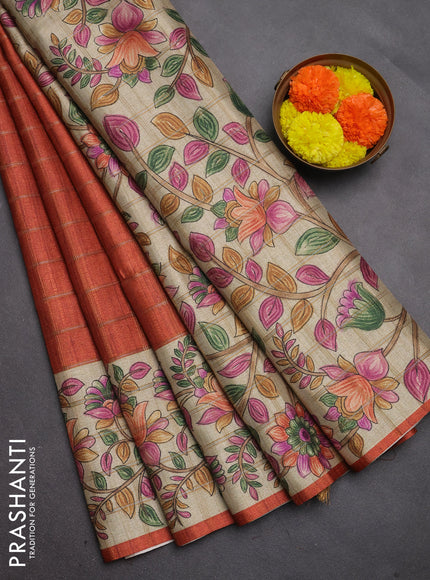Semi tussar saree rustic orange and beige with allover zari checked pattern and kalamkari printed pallu