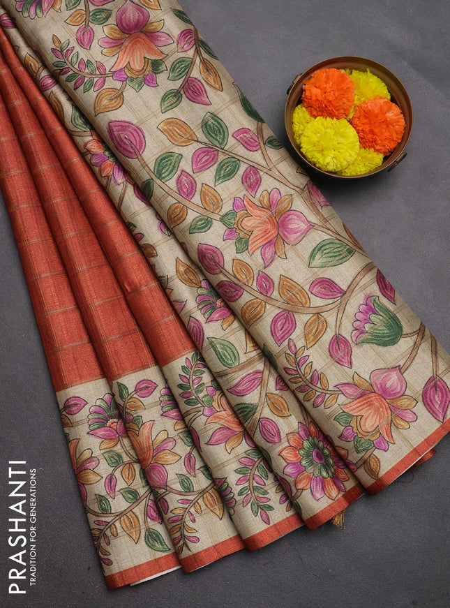 Semi tussar saree rustic orange and beige with allover zari checked pattern and kalamkari printed pallu