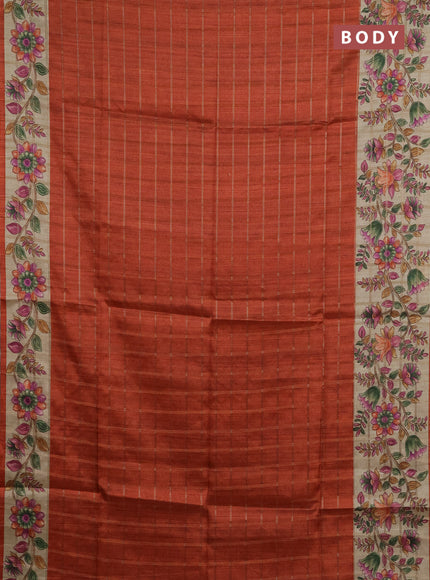 Semi tussar saree rustic orange and beige with allover zari checked pattern and kalamkari printed pallu
