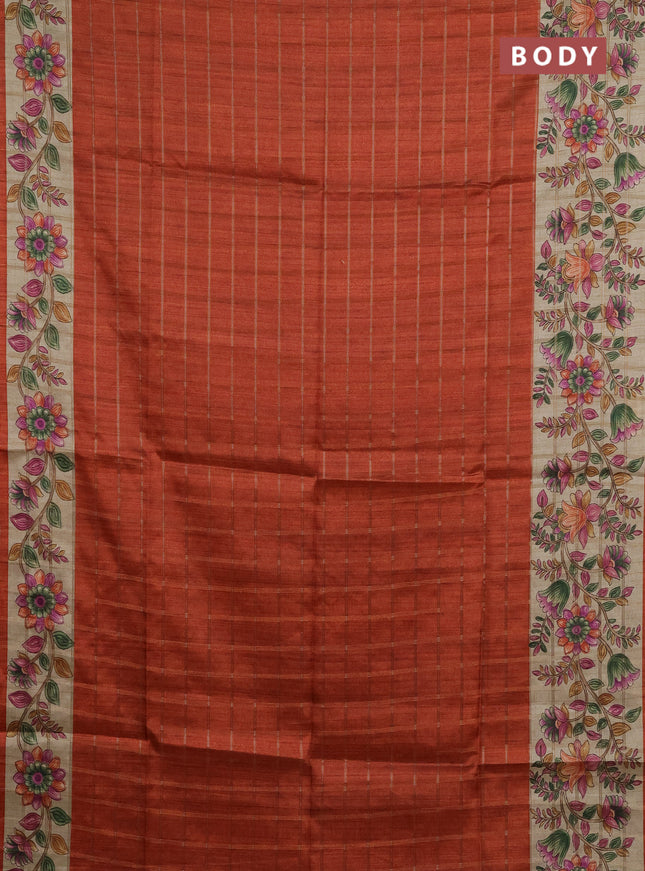 Semi tussar saree rustic orange and beige with allover zari checked pattern and kalamkari printed pallu