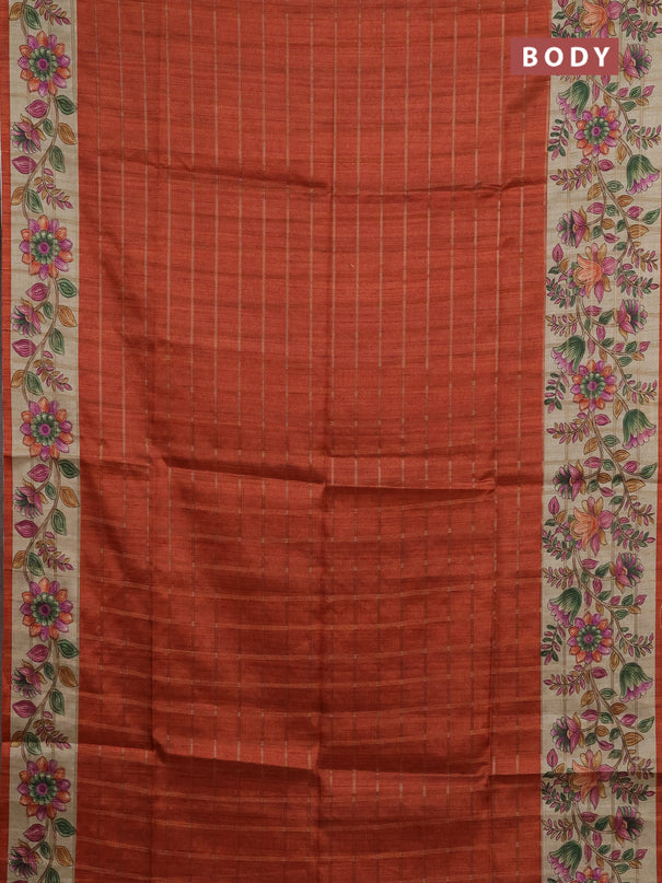 Semi tussar saree rustic orange and beige with allover zari checked pattern and kalamkari printed pallu