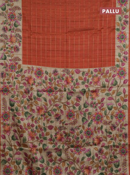 Semi tussar saree rustic orange and beige with allover zari checked pattern and kalamkari printed pallu