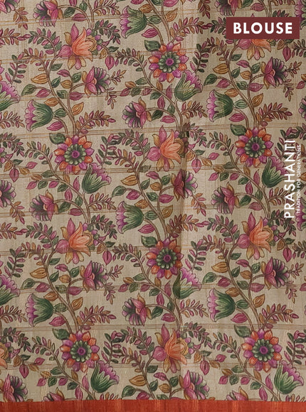Semi tussar saree rustic orange and beige with allover zari checked pattern and kalamkari printed pallu