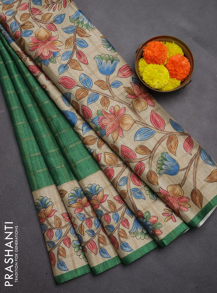 Semi tussar saree green and beige with allover zari checked pattern and kalamkari printed pallu