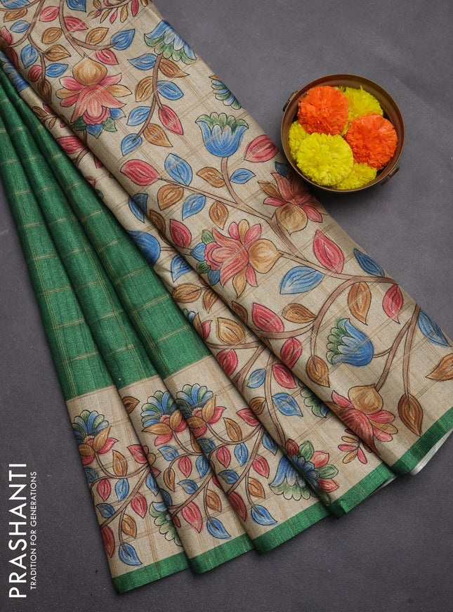 Semi tussar saree green and beige with allover zari checked pattern and kalamkari printed pallu