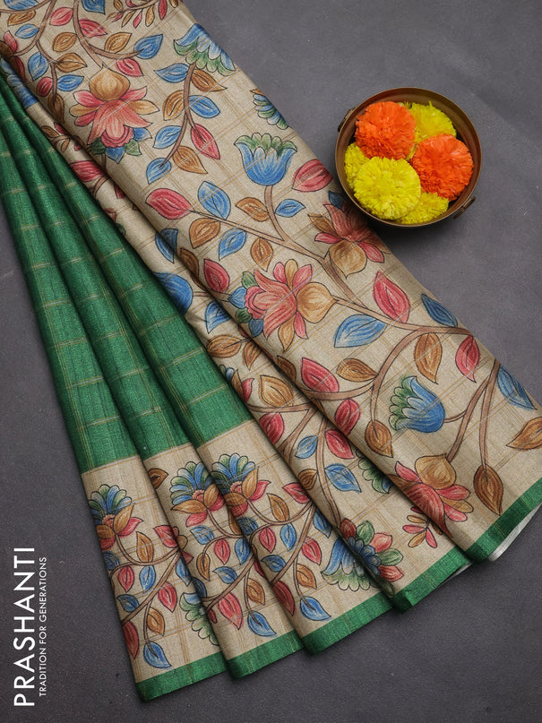 Semi tussar saree green and beige with allover zari checked pattern and kalamkari printed pallu