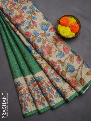 Semi tussar saree green and beige with allover zari checked pattern and kalamkari printed pallu
