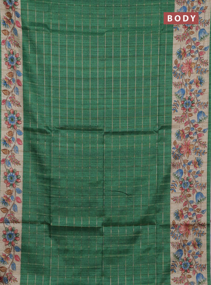 Semi tussar saree green and beige with allover zari checked pattern and kalamkari printed pallu