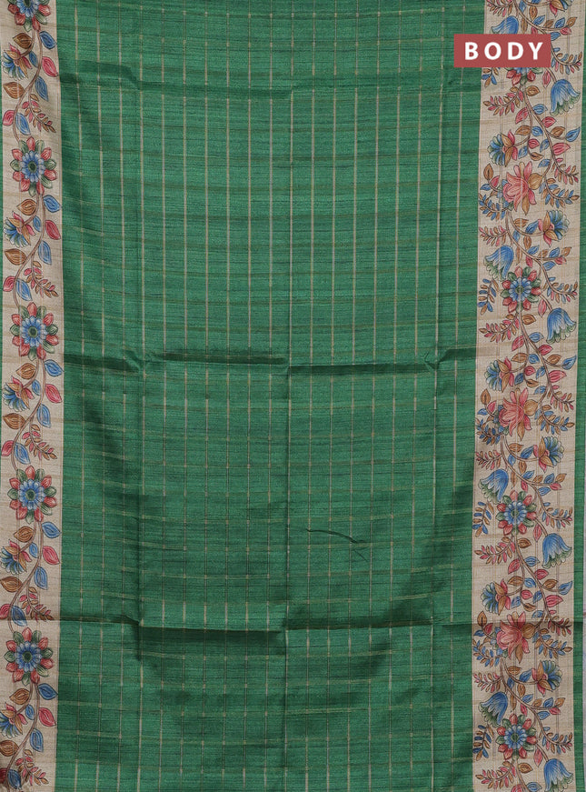Semi tussar saree green and beige with allover zari checked pattern and kalamkari printed pallu