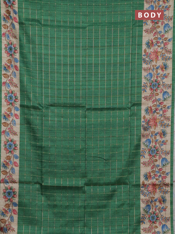 Semi tussar saree green and beige with allover zari checked pattern and kalamkari printed pallu