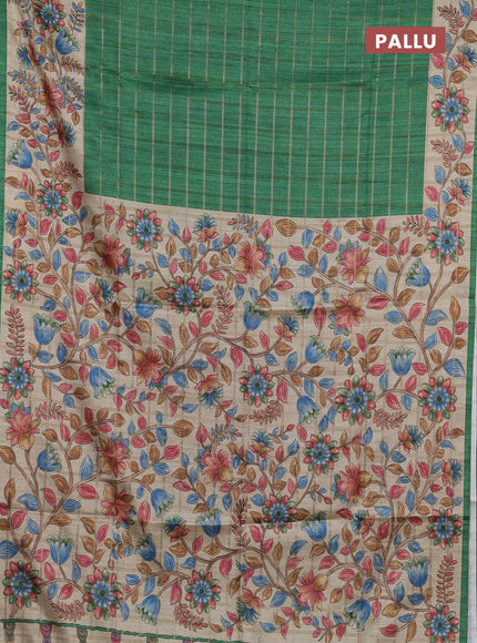 Semi tussar saree green and beige with allover zari checked pattern and kalamkari printed pallu