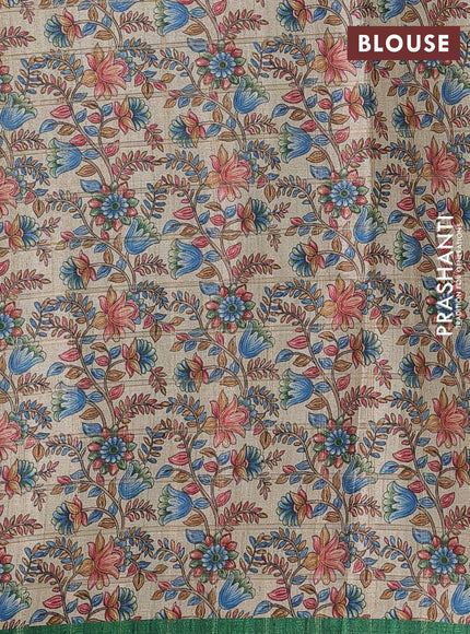 Semi tussar saree green and beige with allover zari checked pattern and kalamkari printed pallu
