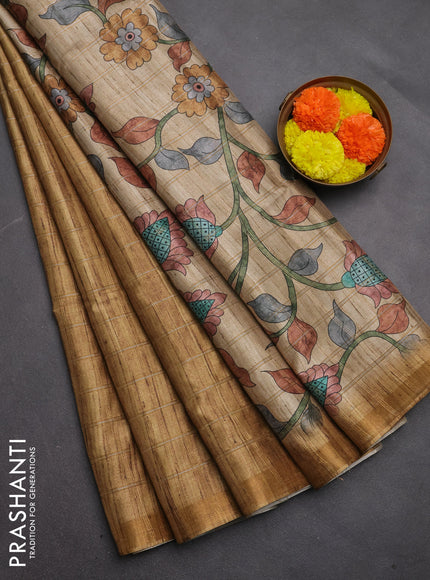 Semi tussar saree dark mustard and beige with allover zari checked pattern and kalamkari printed pallu
