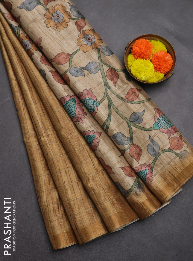 Semi tussar saree dark mustard and beige with allover zari checked pattern and kalamkari printed pallu