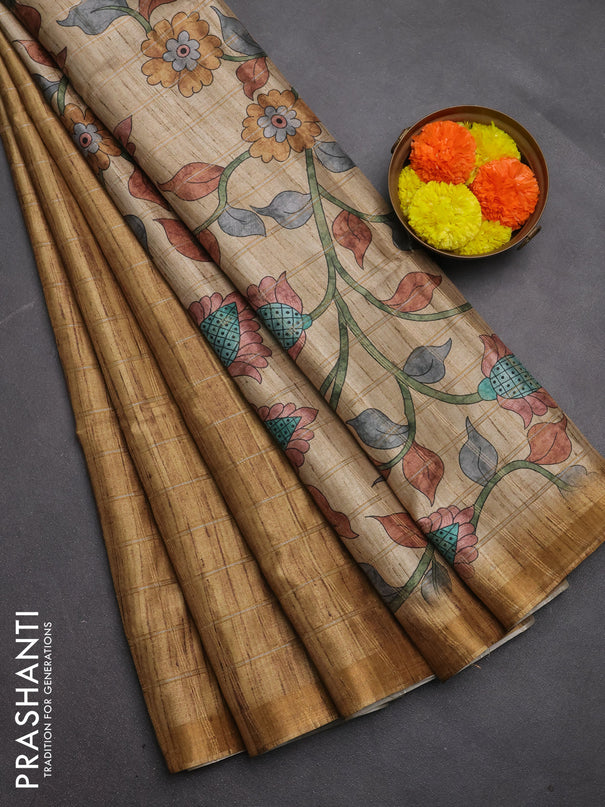 Semi tussar saree dark mustard and beige with allover zari checked pattern and kalamkari printed pallu