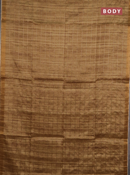 Semi tussar saree dark mustard and beige with allover zari checked pattern and kalamkari printed pallu