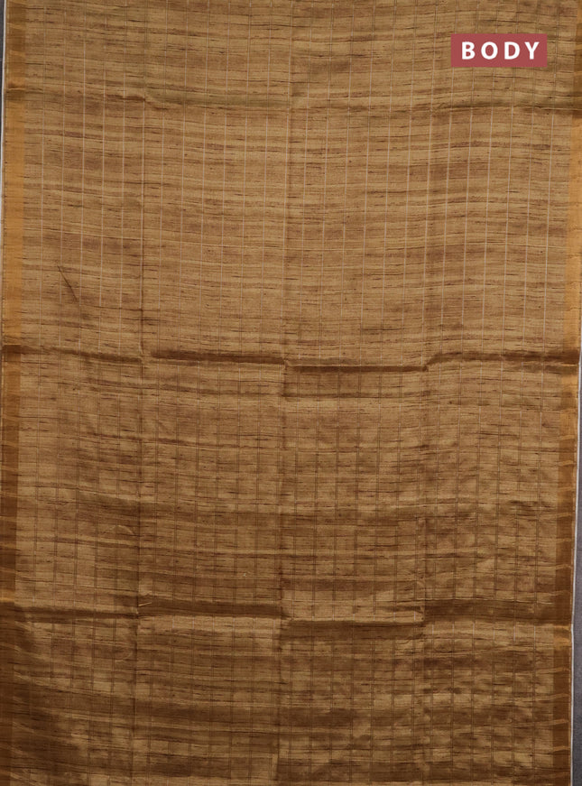 Semi tussar saree dark mustard and beige with allover zari checked pattern and kalamkari printed pallu